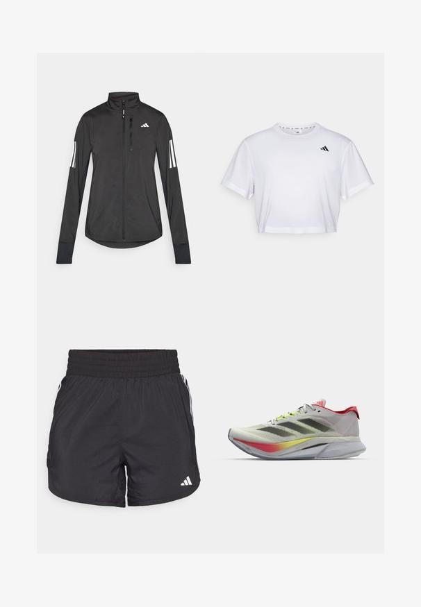 Veste de sport noire en matériau léger. Dotée d'une fermeture éclair sur le devant, d'un col haut et de trois rayures blanches sur chaque manche.; T-shirt blanc court en tissu doux, avec des manches courtes et un col rond. Logo noir sur la poitrine gauche.; Shorts de sport noirs avec une taille élastique, des poches latérales et des accents de rayures blanches sur les côtés. Fabriqués en matériau léger.; Chaussures de course légères en gris clair avec une touche de rouge ; dotées d'un dessus en maille respirante, de rayures noires et d'une semelle à dégradé coloré.