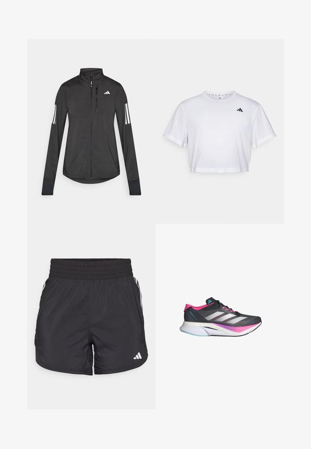 Zwarte sportjack gemaakt van lichtgewicht materiaal. Voorzien van een ritssluiting aan de voorkant, hoge kraag en drie witte strepen op elke mouw.; Witte cropped t-shirt gemaakt van zachte stof, met korte mouwen en een ronde hals. Zwart logo op de linkerborst.; Zwarte sportieve shorts met een elastische tailleband, zijzakken en witte streepaccenten aan de zijkanten. Gemaakt van lichtgewicht materiaal.; Hardloopschoen met een grijze mesh bovenkant, roze accenten en witte strepen. Beschikt over een gevoerde zool en een slank, aerodynamisch ontwerp.