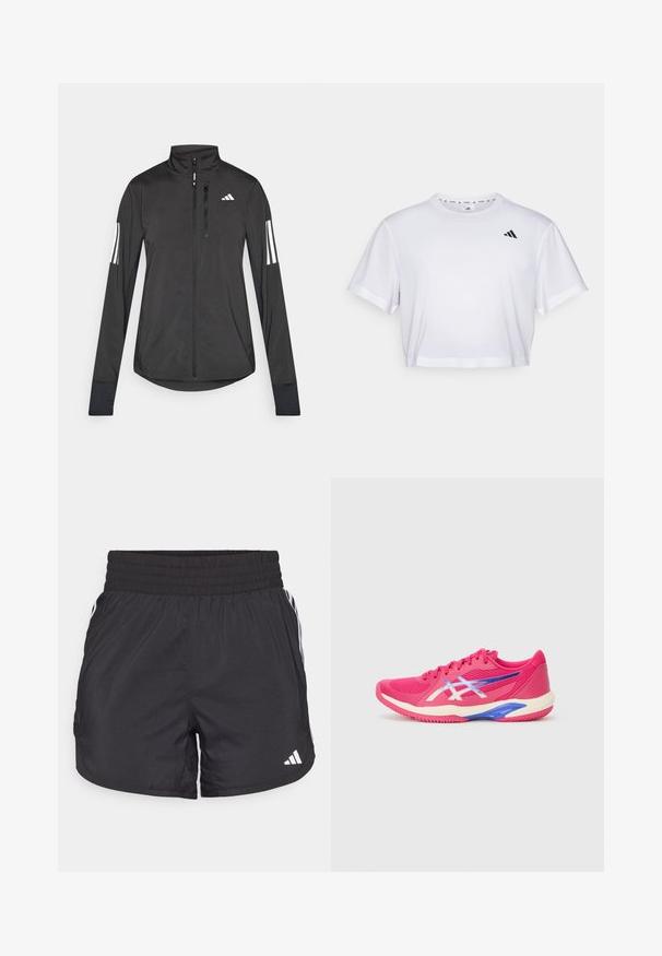 Black athletic jacket made of lightweight material. Features a front zipper, high collar, and three white stripes on each sleeve.; White cropped t-shirt made from soft fabric, featuring short sleeves and a round neckline. Black logo on the left chest.; Black athletic shorts with an elastic waistband, side pockets, and white stripe accents on the sides. Made of lightweight material.; Sport shoes in bright pink with lighter accents. Mesh upper, textured finish, padded collar, and a colorful sole with blue details.