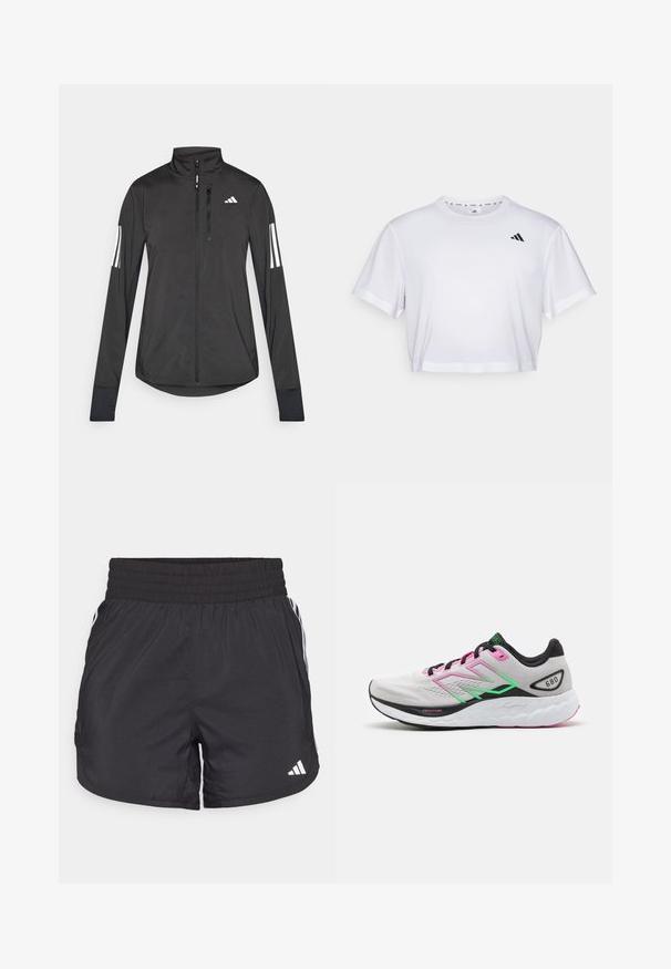 Zwarte sportjack gemaakt van lichtgewicht materiaal. Voorzien van een ritssluiting aan de voorkant, hoge kraag en drie witte strepen op elke mouw.; Witte cropped t-shirt gemaakt van zachte stof, met korte mouwen en een ronde hals. Zwart logo op de linkerborst.; Zwarte sportieve shorts met een elastische tailleband, zijzakken en witte streepaccenten aan de zijkanten. Gemaakt van lichtgewicht materiaal.; Lichte hardloopschoen met een grijze bovenkant, roze en groene accenten, en een dikke witte zool met textuurpatronen, gelabeld "Fresh Foam."