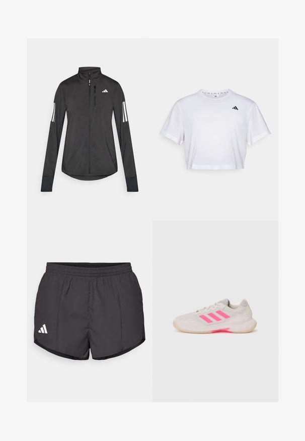 Čierna športová bunda vyrobená z ľahkého materiálu. Má zips vpredu, vysoký golier a tri biele pruhy na každom rukáve.; Biely skrátený tričko vyrobené z mäkkého materiálu, s krátkymi rukávmi a okrúhlym výstrihom. Čierne logo na ľavej hrudi.; Čierne športové šortky vyrobené z ľahkej látky, s elastickým pásom a bielym logom Adidas na dolnej ľavej strane.; Svetlo šedá športová obuv s ružovými akcentmi a tromi pruhmi. Má vrchnú časť z jemnej siete, vypolstrovaný jazyk a gumovú podrážku s dobrou priľnavosťou.