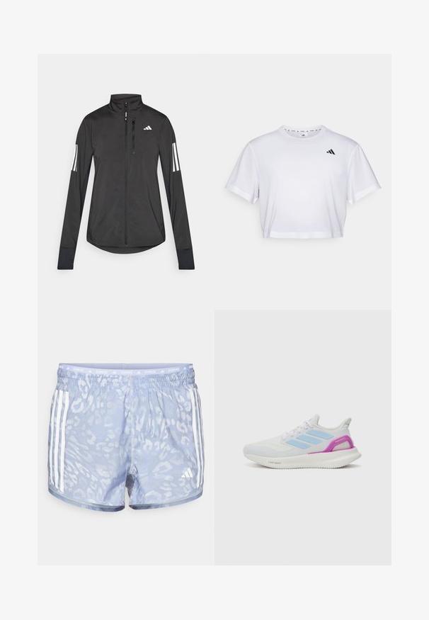 Musta urheilutakki, joka on valmistettu kevyestä materiaalista. Ominaisuuksiin kuuluu etuvetoketju, korkea kaulus ja kolme valkoista raitaa joka hihassa.; Valkoinen lyhythihainen t-paita, joka on valmistettu pehmeästä kankaasta. Pyöreä pääntie. Musta logo vasemmassa rinnassa.; Vaaleansiniset juoksushortsit, joissa on hienovarainen leopardikuosi, joustava vyötärönauha ja kolme valkoista raitaa kummallakin puolella.; adidas Performance PUREBOOST 5 - Katujuoksukengät - white/glow blue/purple burst