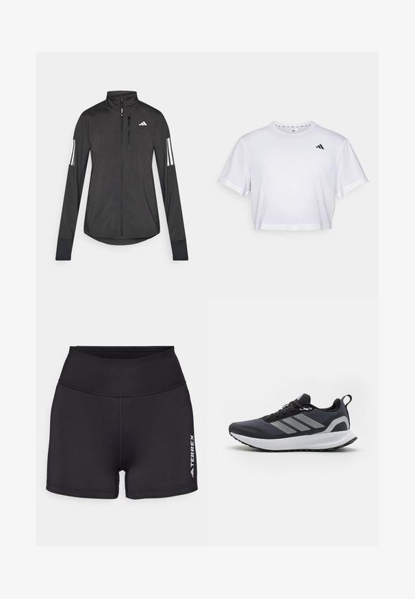 Svart treningsjakke laget av lett materiale. Har glidelås foran, høy krage og tre hvite striper på hver erme.; Hvit kortermet t-skjorte laget av mykt stoff, med korte ermer og rund hals. Svart logo på venstre bryst.; Svart idrettsshorts laget av glatt, elastisk materiale med høy midje. Har hvit "TERREX" logo på nederste høyre side.; Svart atletisk sko med nettingoverdel, hvit mellomsåle, strukturert gummisåle og tre grå striper på siden. Har lisser og en hempe.