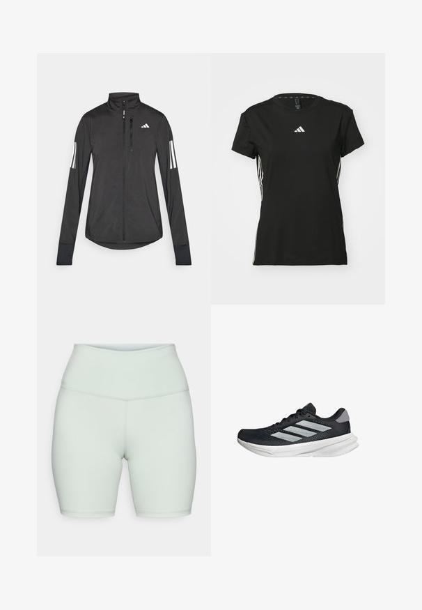 Chaqueta deportiva negra hecha de material ligero. Cuenta con una cremallera frontal, un cuello alto y tres franjas blancas en cada manga.; Camiseta deportiva negra de manga corta, fabricada con material sintético. Presenta un pequeño logo blanco en el pecho y rayas blancas a los lados.; Shorts ajustados de tiro alto en verde menta claro, hechos de un tejido elástico. Presentan un diseño sin costuras y una textura suave.; Zapatilla de correr negra con parte superior de malla, tres franjas plateadas, media suela blanca y suela texturizada. Incluye un cuello acolchado y cierre de cordones.