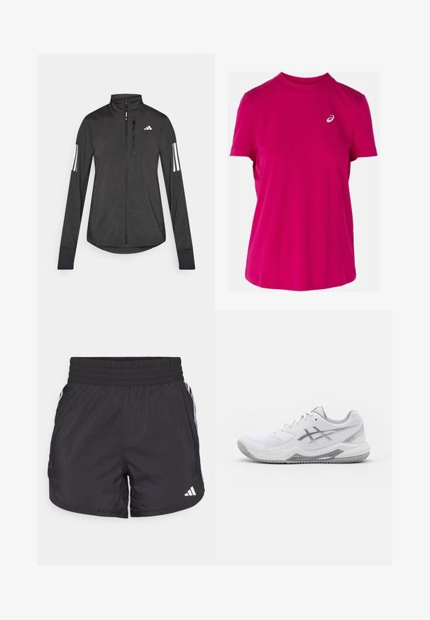 Musta urheilutakki, joka on valmistettu kevyestä materiaalista. Ominaisuuksiin kuuluu etuvetoketju, korkea kaulus ja kolme valkoista raitaa joka hihassa.; Vaaleanpunainen lyhythihainen urheilupaita, joka on valmistettu sileästä kankaasta. Paidassa on pyöreä kaula-aukko ja pieni logo vasemmassa rintapielessä.; Mustat urheilushortsit, joissa on joustava vyötärö, sivutaskut ja valkoiset raidat sivuilla. Valmistettu kevyestä materiaalista.; Valkoinen urheilukenkä, jossa on verkkopinta, hopea yksityiskohtia, teksturoituja synteettisiä päällysteitä ja kumipohja, jossa on zikzak-kuvio.