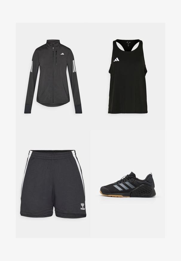 Sort atletisk jakke lavet af let materiale. Har en frontlynlås, høj krave og tre hvide striber på hver ærme.; Sort atletisk tanktop med rund halsudskæring og åben rygdesign. Har et hvidt Adidas-logo på venstre brystområde. Blødt, let stof.; Sorte sportshorts med en struktureret overflade, der har hvide sidelister og et lille logo nederst til højre. Elastisk talje.; Sort atletik sko med mesh-overdel, grå tre-stribe-design, gummisål og teksturerede detaljer på hælen og siden.