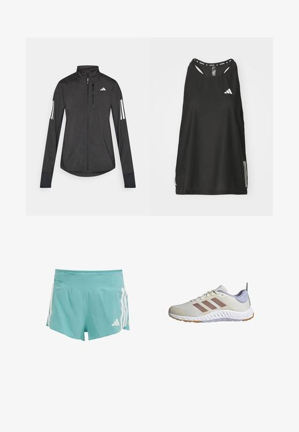 Crni sportski jakna napravljena od laganog materijala. Ima prednji zatvarač, visoki ovratnik i tri bijele pruge na svakoj rukavu.; Crna bezrukavna atletska majica s okruglim izrezom. Ima bijeli logo i tri bijele pruge sa strane; napravljena od prozračnog materijala.; Svijetloplave atletske kratke hlače s teksturiranom tkaninom, bijelim bočnim trakama i džepom u pojasu za pohranu. Pogodne za sportske aktivnosti.; adidas Performance EVERYSET VERSATILE - Tenisice za trening - chalk white warm clay violet tone