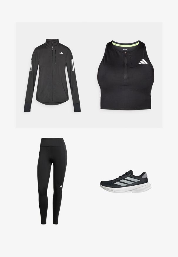 Czarna sportowa kurtka wykonana z lekkiego materiału. Posiada zamek błyskawiczny z przodu, wysoki kołnierz oraz trzy białe paski na każdym rękawie.; Czarny sportowy top krótki z zamkiem z przodu, wykonany z gładkiego materiału. Posiada zieloną wewnętrzną linię dekoltu oraz białe logo po boku.; Czarne legginsy sportowe z wysokim stanem, wykonane z elastycznego materiału; posiadają boczną kieszeń i małe białe logo blisko dołu.; Czarny but biegowy z siateczkowym wierzchem, trzema srebrnymi paskami, białą podeszwą środkową i teksturowaną podeszwą zewnętrzną. Posiada wyściełany kołnierz i zapięcie na sznurówki.