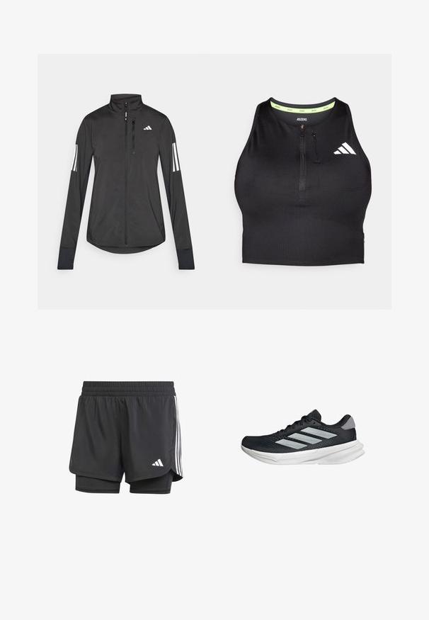 Black athletic jacket made of lightweight material. Features a front zipper, high collar, and three white stripes on each sleeve.; Black athletic crop top with a zipper at the front, made from smooth fabric. Features a green inner neckline and a white logo on the side.; Black athletic shorts with inner layer, elastic waistband, and white three stripes on sides, featuring a small white logo. Smooth texture.; Black running shoe with mesh upper, three silver stripes, white midsole, and textured outsole. Features padded collar and lace closure.