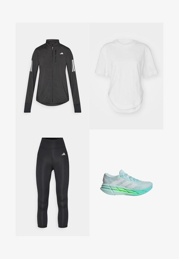 Crni sportski jakna napravljena od laganog materijala. Ima prednji zatvarač, visoki ovratnik i tri bijele pruge na svakoj rukavu.; Bijela pamučna majica s okruglim izrezom, kratkim rukavima i zakrivljenim rubom. Glatka tekstura bez uzoraka ili dodataka.; Crne tajice viskog struka izrađene od glatkog, rastezljivog materijala s malim bijelim Adidas logotipom na lijevom bok.; Svijetloplave tenisice za trčanje s teksturiranim mrežastim gornjim dijelom, tri bijele pruge i soles zelenkastog tona. Imaju podstavljen ovratnik i ravne vezice.