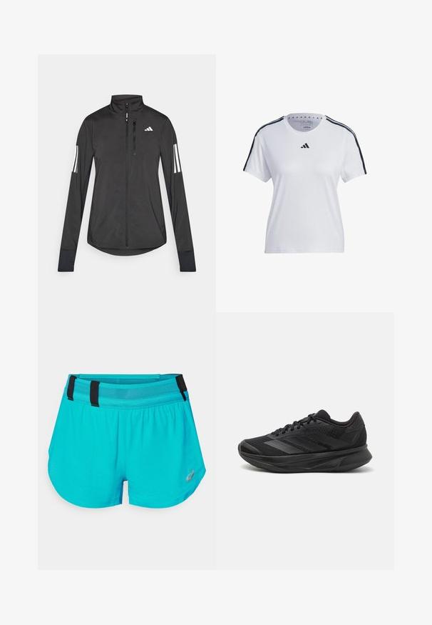 Giacchetto sportivo nero realizzato in materiale leggero. Presenta una chiusura frontale con zip, colletto alto e tre strisce bianche su ciascun manica.; T-shirt atletico bianco in cotone, con strisce nere sulle spalle e logo Adidas sul petto. Maniche corte, design a girocollo.; ASICS METARUN SPLIT SHORT - Pantaloncini sportivi - wave teal; Scarpa da corsa nera con tomaia in rete traspirante, punta rotonda, design elegante, dettagli testurizzati e suola ammortizzata per il comfort.