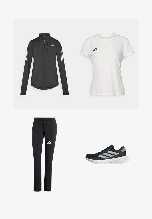 Sort atletisk jakke lavet af let materiale. Har en frontlynlås, høj krave og tre hvide striber på hver ærme.; Hvid atletisk T-shirt lavet af stof, der fugttransporterer. Korte ærmer, rund hals, med sort logo og tre-stribet emblem på venstre bryst.; Sorte træningsbukser med elastisk talje, lige ben-design, glat tekstur og et hvidt Adidas-logo på venstre lår.; Sort løbesko med mesh-overdel, tre sølvstriber, hvid mellemsål og struktureret ydersål. Har polstret krave og snørelukning.