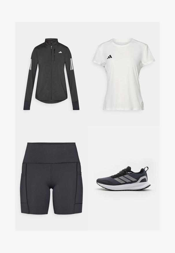 Fekete sportos dzseki könnyű anyagból. Elöl cipzárral, magas gallérral és minden ujjon három fehér csíkkal rendelkezik.; Fehér sportpóló, nedvességel szemben ellenálló anyagból készült. Rövid ujjú, kerek nyakkivágású, fekete logóval és három csíkkal ellátott emblémával a bal mellkason.; Fekete, magas derekú, rugalmasságot biztosító anyagból készült sortok, oldalsó zsebekkel, lapos varrásokkal és sima textúrával a kényelmes mozgás érdekében.; Fekete sportcipő hálós felsőrésszel, fehér középtalppal, texturált gumitalppal és három szürke csíkkal az oldalán. Fűzővel és húzófüllel rendelkezik.