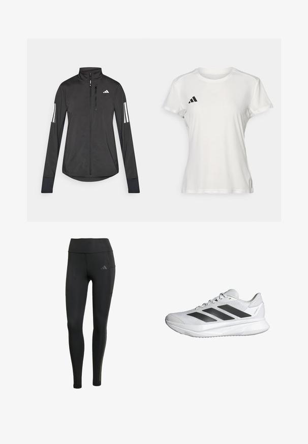 Sort atletisk jakke lavet af let materiale. Har en frontlynlås, høj krave og tre hvide striber på hver ærme.; Hvid atletisk T-shirt lavet af stof, der fugttransporterer. Korte ærmer, rund hals, med sort logo og tre-stribet emblem på venstre bryst.; Sorte atletiske leggings lavet af strækbare materialer, med høj talje, tonale syninger og et lille logo på den øverste venstre ben.; Hvid atletiksko med en åndbar mesh-overdel, tre sorte striber, letvægts sål og teksturerede detaljer på hælen for støtte.