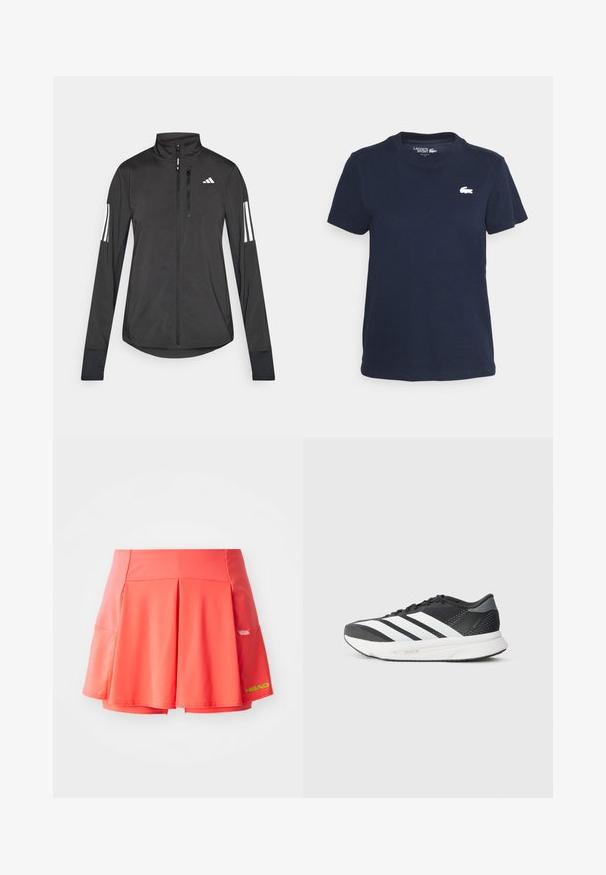 Črna športna jakna iz lahkega materiala. Ima sprednji zadrgo, visok ovratnik in tri bele črte na vsaki rokavi.; Mornarsko modra bombažna majica s krožnim izrezom in kratkimi rokavi. Ima majhen bel Lacoste logo na levem prsnem delu. Mehka tekstura.; Nabrana teniška krila v svetlem koralnem odtenku z gladko teksturo. Vsebuje vgrajene hlače in majhen stranski žep. Logotip v neonsko zeleni barvi.; Črne športne čevlje z belimi črtami, mrežastim zgornjim delom, oblazinjeno podplatom in elegantnim dizajnom. Sivi akcenti na peti in jezik.