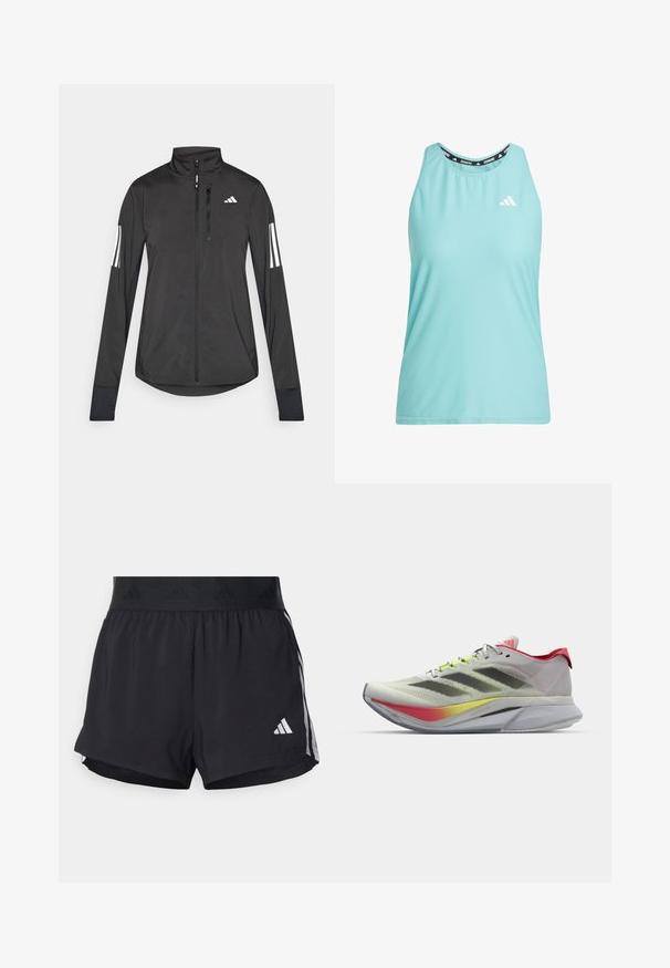 Jachetă sport neagră din material ușor. Are un fermoar frontal, guler înalt și trei dungi albe pe fiecare manșon.; Top sportiv de culoare albastru deschis, cu textură din plasă, decolteu rotunjit și guler negru cu brand. Are un logo alb pe partea din față.; Shorts de atletism negri cu un brâu elastic, având o bandă texturată, dungi laterale și un logo alb Adidas pe tivul de jos.; Pantofi de alergare ușori, de culoare gri deschis, cu un accent roșu; dispune de un superior din plasă respirabilă, dungi negre și o talpă cu un gradient colorat.