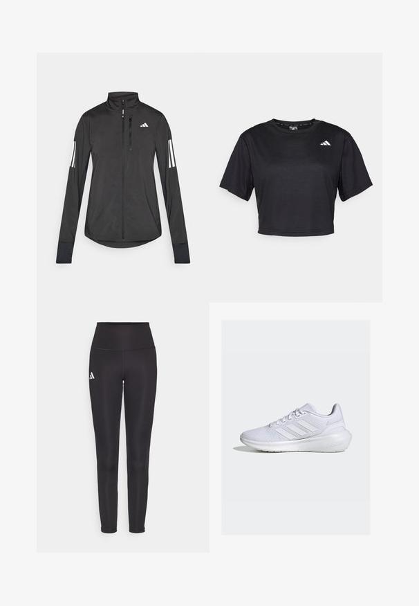 Giacchetto sportivo nero realizzato in materiale leggero. Presenta una chiusura frontale con zip, colletto alto e tre strisce bianche su ciascun manica.; T-shirt cropped nera in tessuto morbido. Caratterizzata da maniche corte, scollo rotondo e un piccolo logo bianco sul lato sinistro davanti.; Leggings neri a vita alta realizzati in tessuto elastico. Presentano un logo bianco sul lato sinistro e un design elegante e senza cuciture. Texture liscia.; Scarpa sportiva bianca con tomaia in rete, tre strisce orizzontali, suola ammortizzata e il marchio "CLOUDFOAM" sul tallone.