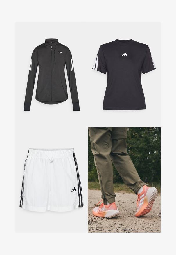 Giacchetto sportivo nero realizzato in materiale leggero. Presenta una chiusura frontale con zip, colletto alto e tre strisce bianche su ciascun manica.; Maglietta sportiva nera realizzata in tessuto morbido, con scollo tondo, maniche corte e tre strisce bianche su ogni spalla. Logo bianco sul petto.; Pantaloni sportivi bianchi con vita elasticizzata, dettagli con cordino, strisce nere laterali e logo del marchio in nero sul lato inferiore sinistro.; Scarpe sportive con un design a gradiente, principalmente in rosa e bianco, con suole testurizzate e lacci a contrasto, indossate con pantaloni verde oliva.