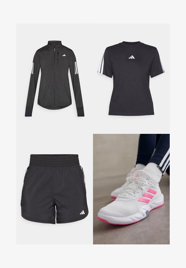 Chaqueta deportiva negra hecha de material ligero. Cuenta con una cremallera frontal, un cuello alto y tres franjas blancas en cada manga.; Camiseta atlética negra de tejido suave, con cuello redondo, mangas cortas y tres rayas blancas en cada hombro. Logo blanco en el pecho.; Pantalones cortos deportivos negros con cintura elástica, bolsillos laterales y detalles de rayas blancas en los lados. Hechos de un material ligero.; Zapatillas deportivas blancas con rayas y suelas rosas, combinadas con calcetines blancos de Adidas y pantalones azul marino con rayas blancas, sobre un suelo gris.