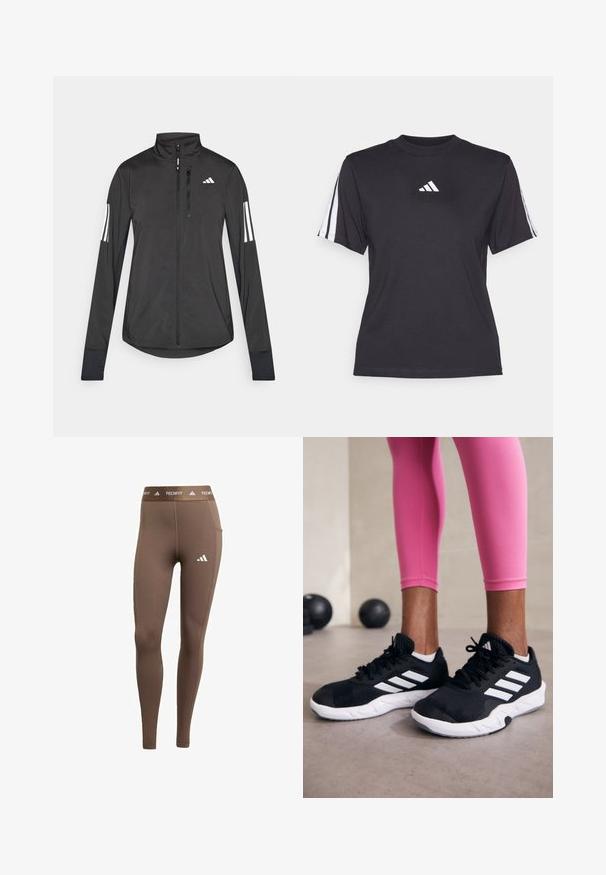 Czarna sportowa kurtka wykonana z lekkiego materiału. Posiada zamek błyskawiczny z przodu, wysoki kołnierz oraz trzy białe paski na każdym rękawie.; Czarny sportowy t-shirt z miękkiego materiału, z okrągłym dekoltem, krótkimi rękawami i trzema białymi paskami na każdym ramieniu. Białe logo na klatce piersiowej.; Brązowe legginsy sportowe wykonane z elastycznego materiału. Posiadają białe logo na lewej nogawce oraz markowy pas. Gładka faktura i dopasowany krój.; Czarne sportowe buty z białymi paskami, teksturowana siateczkowa cholewka i biała podeszwa. Nosi je osoba w różowych legginsach, prezentując odzież treningową.