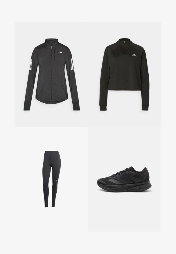 Giacchetto sportivo nero realizzato in materiale leggero. Presenta una chiusura frontale con zip, colletto alto e tre strisce bianche su ciascun manica.; Pullover nero a mezza zip realizzato in tessuto liscio con maniche lunghe, dotato di un alto collo e un logo bianco sul lato sinistro del petto.; Leggings sportivi neri con vita alta, dotati di una tasca laterale e di un logo bianco sulla parte inferiore della gamba sinistra. Il materiale sembra traspirante.; Scarpa da corsa nera con tomaia in rete traspirante, punta rotonda, design elegante, dettagli testurizzati e suola ammortizzata per il comfort.