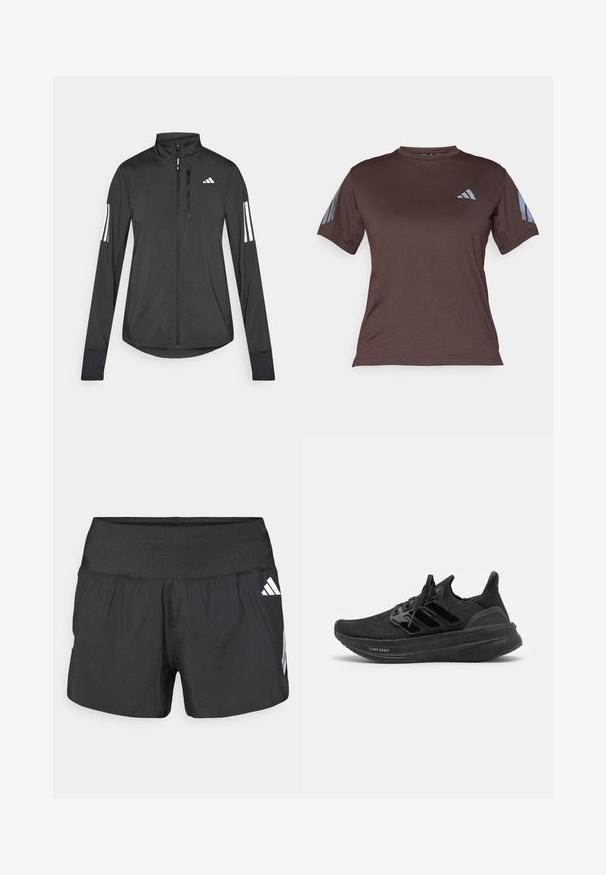Veste de sport noire en matériau léger. Dotée d'une fermeture éclair sur le devant, d'un col haut et de trois rayures blanches sur chaque manche.; T-shirt de sport marron avec col rond, manches courtes et accents à trois rayures bleu clair sur les épaules. Fabriqué en matériau doux et flexible.; Shorts athlétiques noirs avec une large ceinture élastique, un tissu léger et des accents de logo blanc sur le bas côté.; Baskets de sport noires avec une tige en tricot respirant, un design texturé, les trois bandes emblématiques et une semelle épaisse et rembourrée portant l'étiquette "LIGHT BOOST".