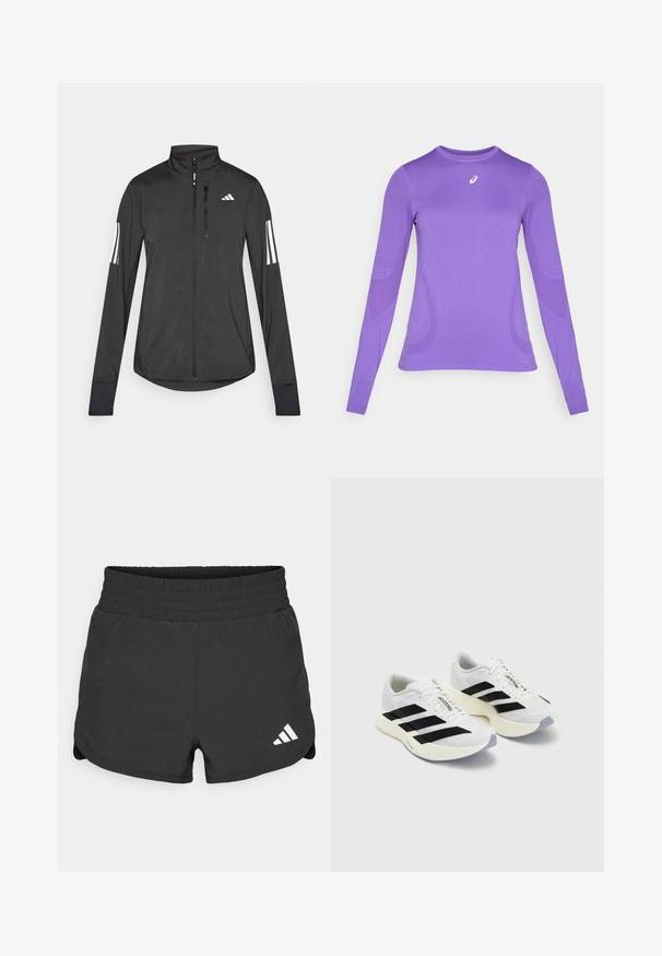 Musta urheilutakki, joka on valmistettu kevyestä materiaalista. Ominaisuuksiin kuuluu etuvetoketju, korkea kaulus ja kolme valkoista raitaa joka hihassa.; Pitkähihainen urheilu paita vaalean violetista kankaasta, jossa on tiukka malli, pyöreä kaula-aukko ja hienovarainen tekstuuri, sekä logo-yksityiskohta rinnassa.; Mustat urheilushortsit joustavalla vyötäröllä, joissa on reikämuotoilu ja valkoinen Adidas-logomerkki vasemmalla alhaalla.; Valkoiset urheilukengät mustilla raidoilla ja brändäyksellä, joissa on verkkomateriaali, pyöreä kärki ja paksu kermanvärinen pohja pehmusteena.