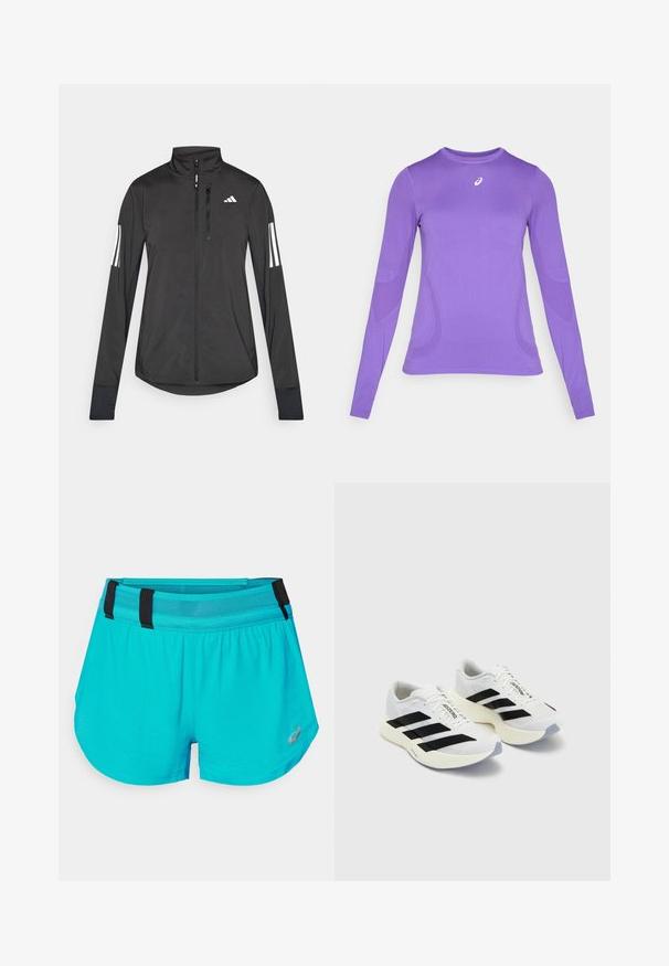 Fekete sportos dzseki könnyű anyagból. Elöl cipzárral, magas gallérral és minden ujjon három fehér csíkkal rendelkezik.; Hosszú ujjú sportfelső világoslila anyagból, testhezálló szabással, kerek nyakkivágással és finom textúrával, mellkasi logó részlettel.; ASICS METARUN SPLIT SHORT - Sport rövidnadrágok - wave teal; Fehér sportcipők fekete csíkokkal és logóval, hálós felsőrésszel, kerek orral és vastag krém színű talppal a párnázás érdekében.