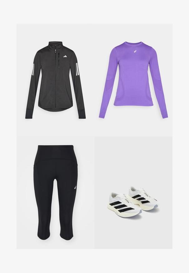 Černá atletická bunda vyrobená z lehkého materiálu. Má přední zip, vysoký límec a tři bílé pruhy na každém rukávu.; Dlouhý rukáv atletického topu ve světle fialovém materiálu, který má přiléhavý střih, kulatý výstřih a jemnou texturu s logem na hrudi.; Černé capri legíny vyrobené z elastického materiálu. Mají vysoký pás, boční kapsu a malé logo na levém boku. Hladká textura.; Bílé sportovní boty s černými pruhy a logem, s vrchní částí z prodyšné síťoviny, zaoblenou špičkou a silnou krémovou podešví pro pohodlí.