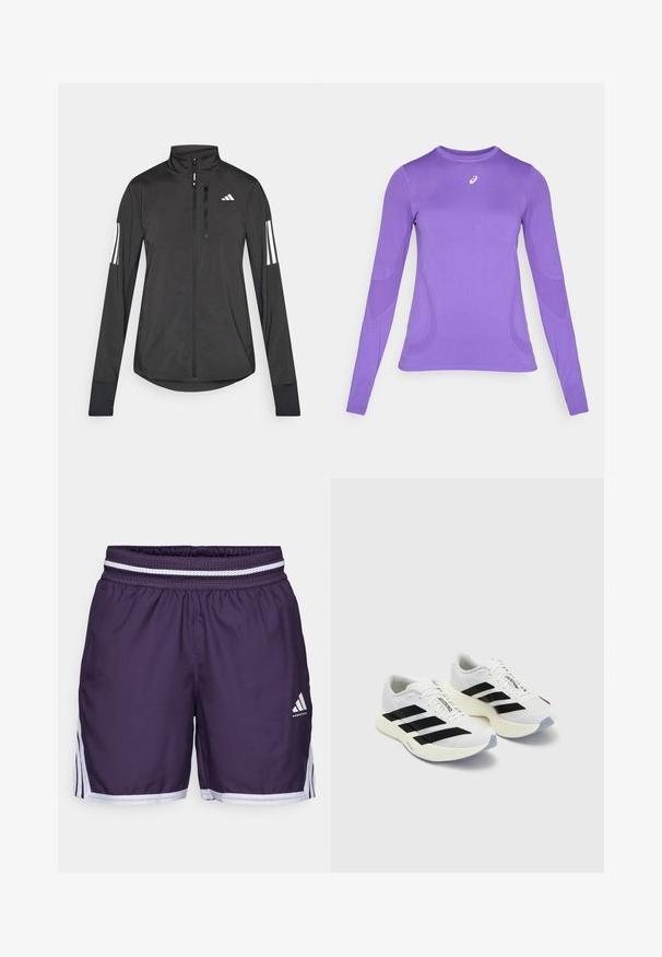 Fekete sportos dzseki könnyű anyagból. Elöl cipzárral, magas gallérral és minden ujjon három fehér csíkkal rendelkezik.; Hosszú ujjú sportfelső világoslila anyagból, testhezálló szabással, kerek nyakkivágással és finom textúrával, mellkasi logó részlettel.; Lila kosárlabda shorts elasztikus derékkal, fehér hálós részletekkel. Oldalsó panelcsíkokkal és logóval a front alsó részén.; Fehér sportcipők fekete csíkokkal és logóval, hálós felsőrésszel, kerek orral és vastag krém színű talppal a párnázás érdekében.
