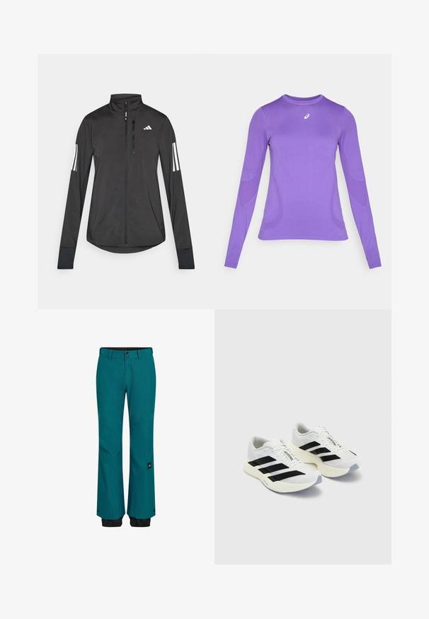 Černá atletická bunda vyrobená z lehkého materiálu. Má přední zip, vysoký límec a tři bílé pruhy na každém rukávu.; Dlouhý rukáv atletického topu ve světle fialovém materiálu, který má přiléhavý střih, kulatý výstřih a jemnou texturu s logem na hrudi.; Tyrkysové sněhové kalhoty s volným střihem, s černým pasem a spodními manžetami. Materiál je odolný s jemnou texturou a bočním logem.; Bílé sportovní boty s černými pruhy a logem, s vrchní částí z prodyšné síťoviny, zaoblenou špičkou a silnou krémovou podešví pro pohodlí.