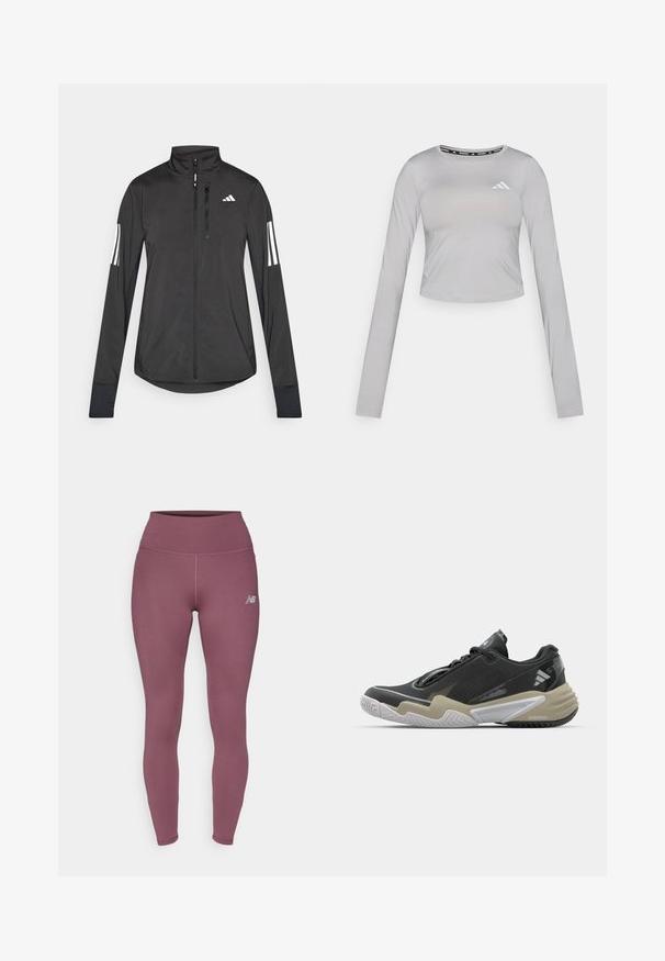 Jaqueta atlética preta feita de material leve. Apresenta um fecho frontal, colarinho alto e três riscas brancas em cada manga.; Top cropped de manga comprida cinzento, feito em tecido liso, com decote redondo e um logo subtil na área esquerda do peito.; Leggings roxos feitos de material elástico, com uma cintura alta e um pequeno logótipo na parte inferior da perna. Textura suave e design justo.; Sapatilha desportiva preta e bege com parte superior texturizada, design de sola proeminente, acabamentos refletivos e sistema de atacadores. Construção leve.