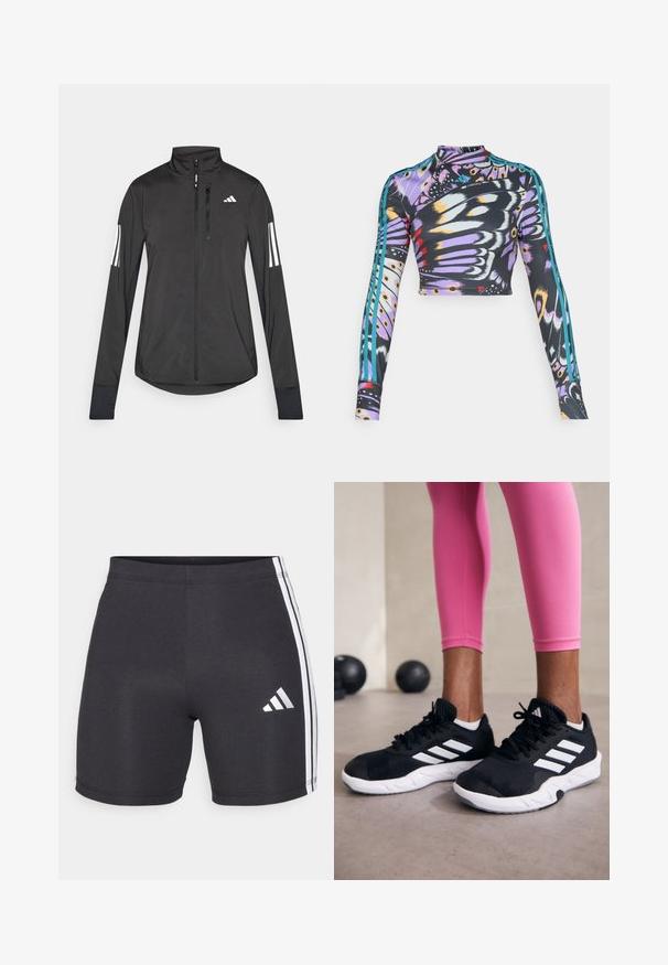Črna športna jakna iz lahkega materiala. Ima sprednji zadrgo, visok ovratnik in tri bele črte na vsaki rokavi.; Dolge rokave, skrajšan atletski zgornji del s pisanimi vzorci metuljih kril in teal trojnimi črtami na rokavih.; Črne športne hlače iz raztegljivega materiala, z belimi stranskimi črtami in logotipom Adidas na spodnjem desnem delu noge. Gladka tekstura.; Črne športne čevlje z belimi črtami, teksturirano mrežasto zgornjišče in belo podplat. Obuti z roza legginsom, ki prikazujejo športno obleko.