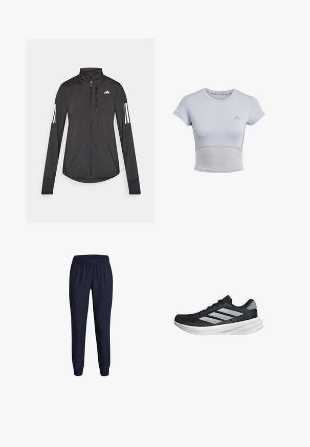 Zwarte sportjack gemaakt van lichtgewicht materiaal. Voorzien van een ritssluiting aan de voorkant, hoge kraag en drie witte strepen op elke mouw.; adidas Performance Sport T-shirt - halo silver grey; Marineblauwe sportieve broek met een elastische tailleband, taps toelopende pijpen en zijzakken, ontworpen in een lichte, zachte stof.; Zwarte hardloopschoen met een mesh bovenzijde, drie zilveren strepen, witte middenzool en een gestructureerde loopzool. Heeft een gevoerde kraag en een vetersluiting.