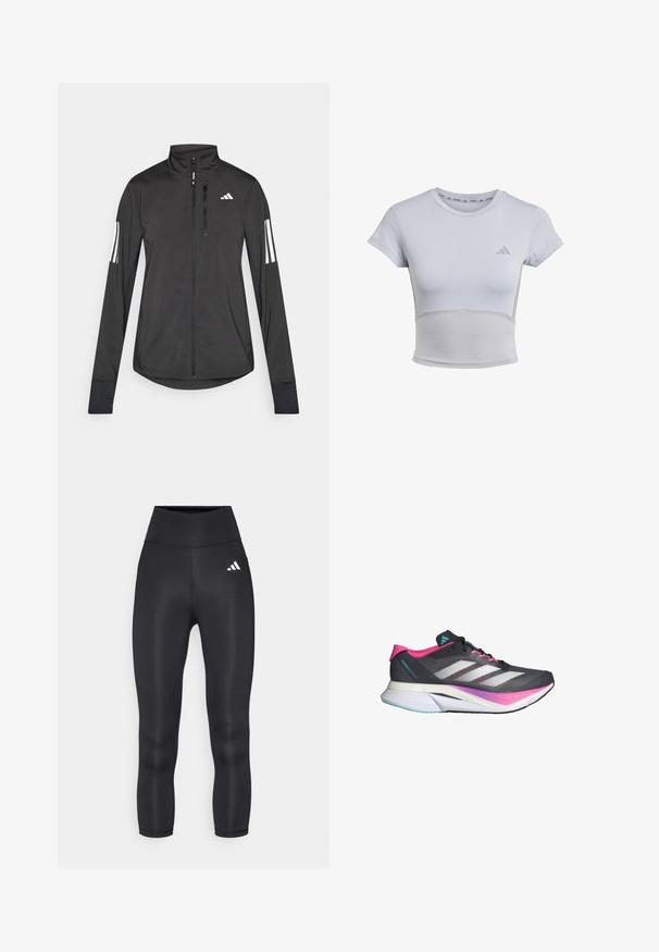 Black athletic jacket made of lightweight material. Features a front zipper, high collar, and three white stripes on each sleeve.; adidas Performance Sports T-shirt - halo silver grey; Black high-waisted leggings featuring a smooth, stretchy material and a small white Adidas logo on the left hip.; Running shoe with a gray mesh upper, pink accents, and white stripes. Features a cushioned sole and a sleek, aerodynamic design.