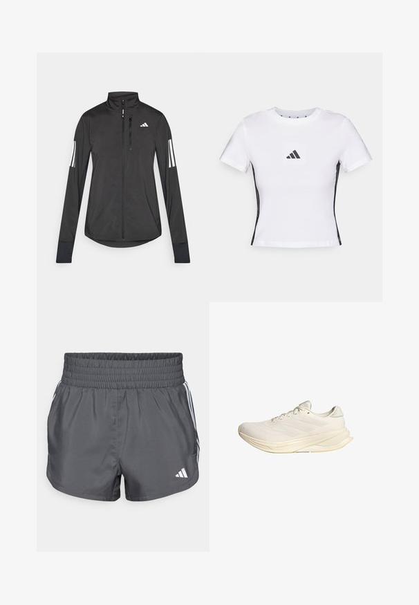 Jaqueta atlética preta feita de material leve. Apresenta um fecho frontal, colarinho alto e três riscas brancas em cada manga.; T-shirt branca de manga curta feita em algodão, com um logótipo preto da Adidas em um retângulo e detalhes laterais pretos. Decote redondo clássico.; Calças de desporto cinzentas com um cós elástico, apresentando riscas brancas e um logótipo no lado inferior direito. Textura suave.; Sapatilha desportiva bege claro com parte superior em malha, atacadores planos e sola acolchoada. Apresenta um design de três riscas no lado lateral.