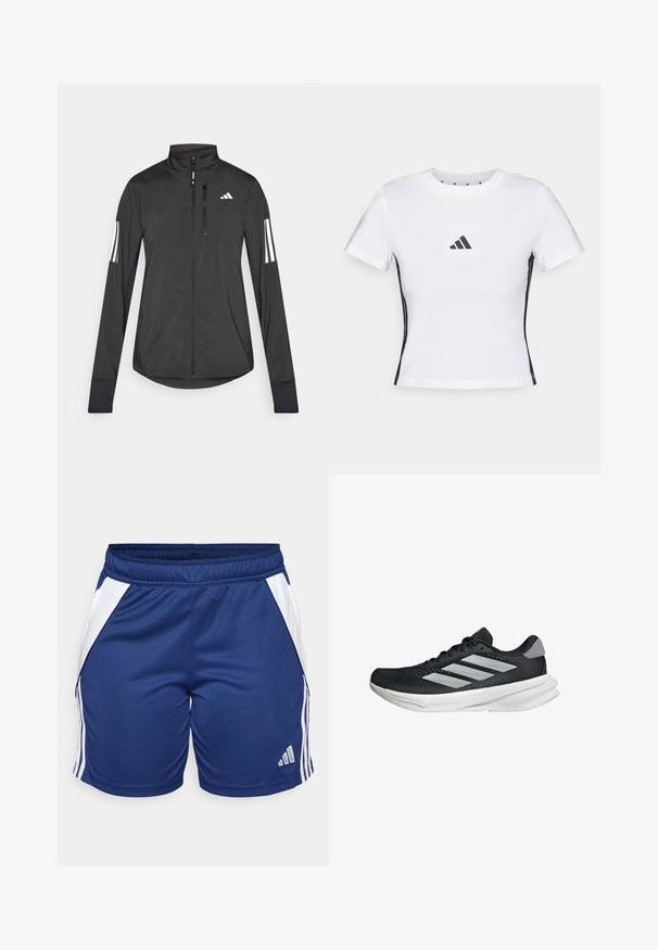 Schwarze Sportjacke aus leichtem Material. Mit einem Frontreißverschluss, hohem Kragen und drei weißen Streifen an jedem Ärmel.; Weißes kurzärmliges T-Shirt aus Baumwolle mit einem schwarzen Adidas-Logo auf einem quadratischen Patch und schwarzen Seitenakzenten. Klassische Rundhalslinie.; Marineblaue Sportshorts mit weißen Seitenpaneelen, aus glattem Stoff gefertigt, mit einem elastischen Bund und Adidas-Logo am Saum.; Schwarzer Laufschuh mit Mesh-Obermaterial, drei silbernen Streifen, weißer Zwischensohle und strukturiertem Außensohle. Verfügt über einen gepolsterten Schaft und eine Schnürung.