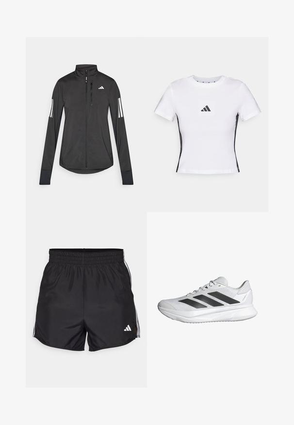 Chaqueta deportiva negra hecha de material ligero. Cuenta con una cremallera frontal, un cuello alto y tres franjas blancas en cada manga.; Camiseta blanca de manga corta fabricada en algodón, con un logo de Adidas negro en un parche cuadrado y acentos laterales negros. Cuello redondo clásico.; Pantalones cortos deportivos negros con cintura elástica, aberturas laterales y acentos en blanco con tres franjas. Presenta un pequeño logo blanco en la parte inferior derecha.; Zapato deportivo blanco con parte superior de malla transpirable, tres franjas negras, suela ligera y acentos texturizados en el talón para mayor soporte.