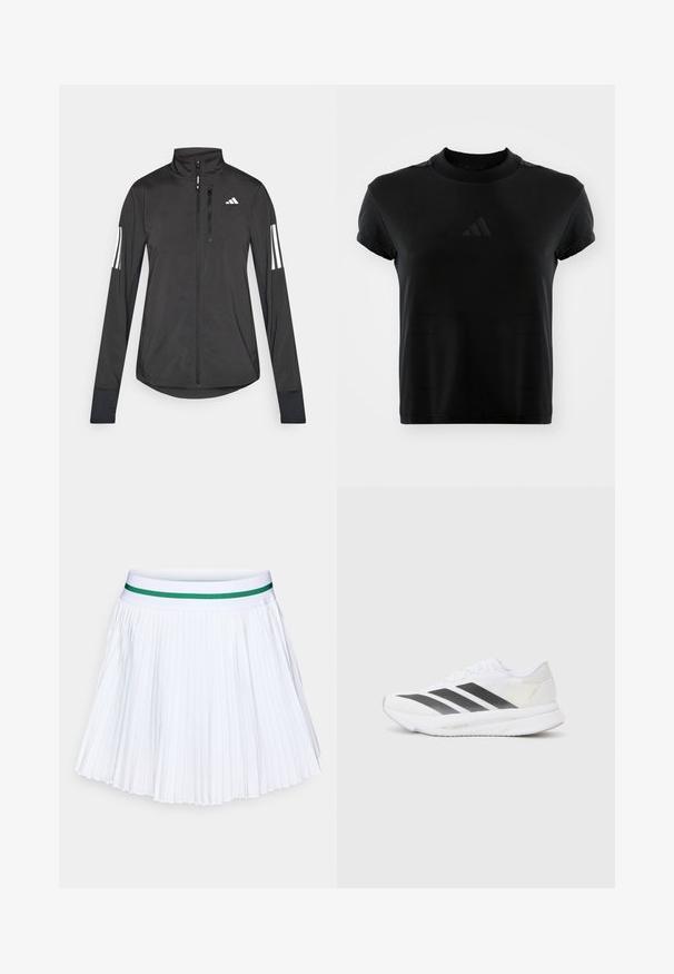 Zwarte sportjack gemaakt van lichtgewicht materiaal. Voorzien van een ritssluiting aan de voorkant, hoge kraag en drie witte strepen op elke mouw.; Zwarte t-shirt met korte mouwen van gladde stof. Heeft een ronde hals en een reliëf Adidas-logo op de voorkant.; Witte geplooide rok met een effen groene elastische tailleband. Bevat scherpe, gelijkmatig verdeelde plooien, wat een lichte, luchtige textuur creëert.; Witte sportschoen met zwarte diagonale strepen, bovenwerk van gaas, ronde neus en gestructureerde zool. Accenten zijn onder andere een zilveren hak en een minimalistisch ontwerp.