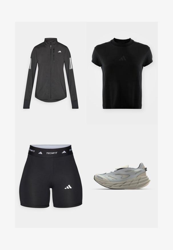 Sort atletisk jakke lavet af let materiale. Har en frontlynlås, høj krave og tre hvide striber på hver ærme.; Sort kortærmet t-shirt lavet af glat stof. Har en rund halsudskæring og et prægede Adidas-logo på fronten.; Sorte shorts lavet af strækbart stof med en tætsiddende design. Har en bred sort elastik med påskriften "TECHFIT" og et hvidt logo på benet.; Grå atletiksko med et strømlinet design, der har en tekstureret overdel, synlig snøring, en polstret mellemsål og en formet ydersål.