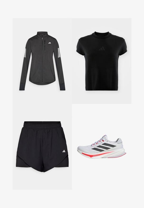 Veste de sport noire en matériau léger. Dotée d'une fermeture éclair sur le devant, d'un col haut et de trois rayures blanches sur chaque manche.; T-shirt noir à manches courtes en tissu lisse. Présente un col rond et un logo Adidas en relief sur le devant.; Shorts de sport noirs avec un design superposé, fabriqués en tissu léger. Possèdent une taille élastique et un petit logo blanc sur le côté.; Baskets blanches avec accents noirs et détails rouges. Dotées d'une tige en mesh, d'un col rembourré et d'une semelle texturée pour une meilleure traction.
