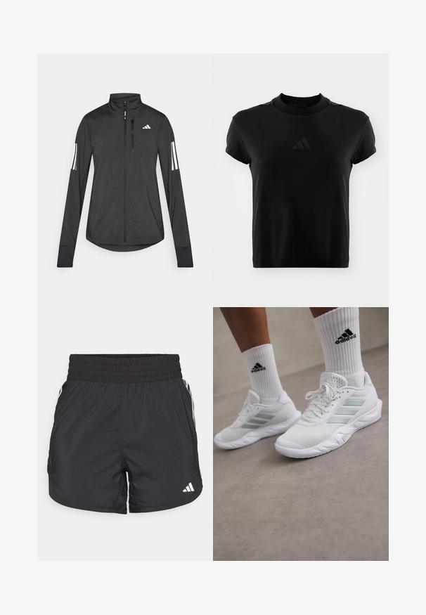 Fekete sportos dzseki könnyű anyagból. Elöl cipzárral, magas gallérral és minden ujjon három fehér csíkkal rendelkezik.; Fekete, rövid ujjú póló sima anyagból. Kerek nyakú, az elején dombornyomott Adidas logóval.; Fekete sportnadrág elasztikus derékkal, oldalsó zsebekkel és fehér csíkkal az oldalán. Könnyű anyagból készült.; Fehér sportcipők hálós felsőrésszel és világoszöld kiegészítőkkel, három csíkkal a dizájnban és gumitalppal. Fehér zoknival párosítva.