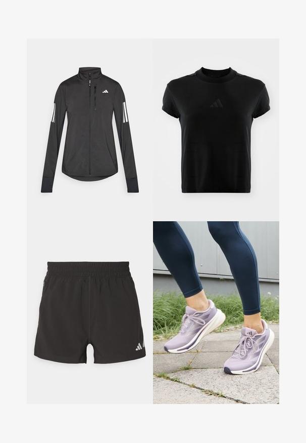 Must mustriga mustrin, millel on esiküljel lukuga, kõrge krae ja igal varrukal kolm valget triipu.; Must t-särk lühikeste varrukatega, mis on valmistatud siledast kangast. Omab ümmargust kaelust ja esiküljel on reljeefne Adidas logo.; Mustad mustriga mustad lühikesed püksid, mis on valmistatud kergest kangast. Omavad elastset vöökohta, külgmist tõmblukuga taskut ja peegeldavat logo põlves.; adidas Performance SUPERNOVA RISE W - Maanteejooksu jalatsid - preloved fig/putty mauve/shadow violet