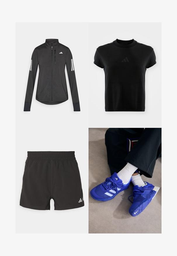 Černá atletická bunda vyrobená z lehkého materiálu. Má přední zip, vysoký límec a tři bílé pruhy na každém rukávu.; Černé tričko s krátkým rukávem vyrobené z hladké tkaniny. Má kulatý výstřih a vystouplé logo Adidas na přední straně.; Černé sportovní šortky vyrobené z lehkého materiálu. Mají elastický pas, boční zipovou kapsu a reflexní logo na lemu.; Královsky modré sportovní boty s bílými akcenty; síťovaný svršek, texturované strany, silná gumová podrážka a podrobný systém šněrování.