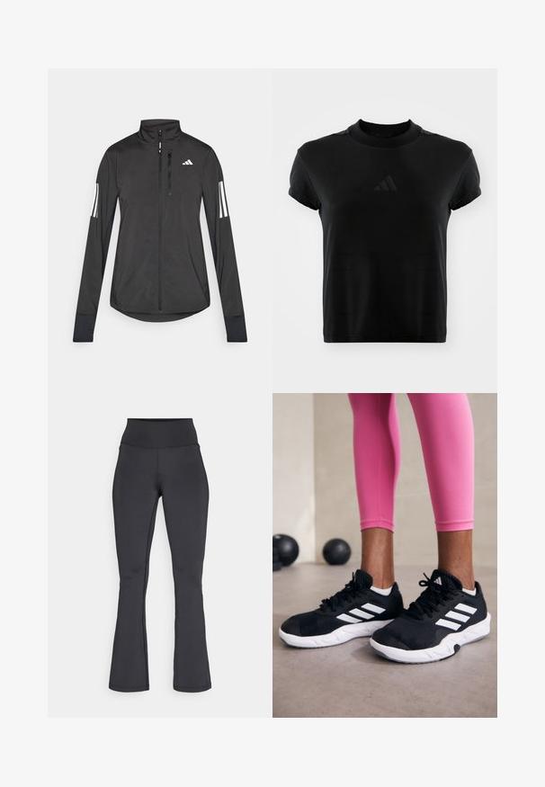 Sort atletisk jakke lavet af let materiale. Har en frontlynlås, høj krave og tre hvide striber på hver ærme.; Sort kortærmet t-shirt lavet af glat stof. Har en rund halsudskæring og et prægede Adidas-logo på fronten.; Sorte højtaljede flare leggins med synlige syninger, lavet af strækbart, glat stof, vist fladt mod en hvid baggrund.; Sorte sportssko med hvide striber, tekstureret mesh-overdel og en hvid sål. Bæres med pink leggings, der fremhæver træningstøj.