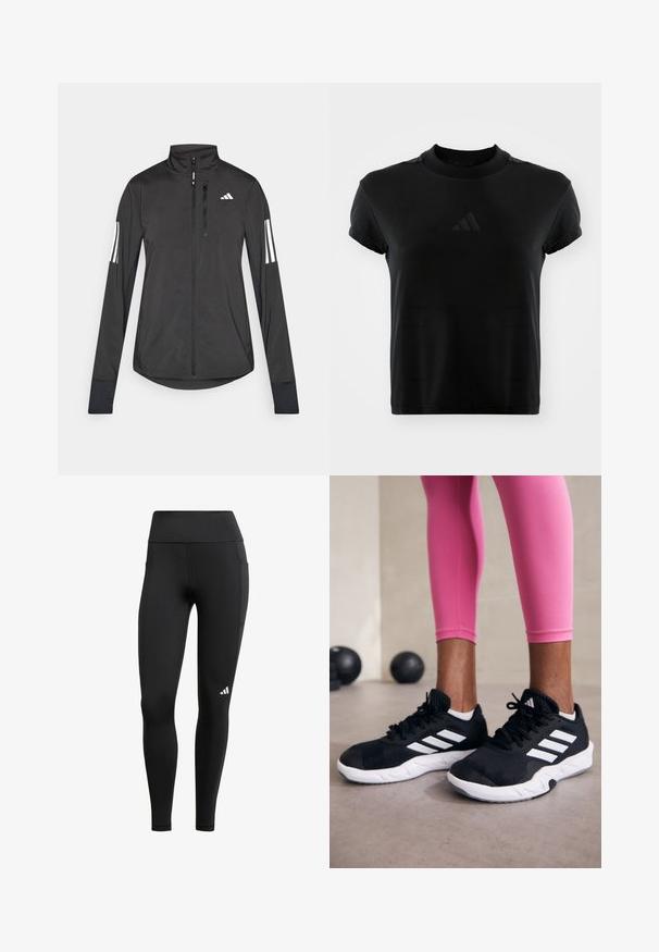 Černá atletická bunda vyrobená z lehkého materiálu. Má přední zip, vysoký límec a tři bílé pruhy na každém rukávu.; Černé tričko s krátkým rukávem vyrobené z hladké tkaniny. Má kulatý výstřih a vystouplé logo Adidas na přední straně.; Černé sportovní legíny s vysokým pasem, vyrobené z elastického materiálu; mají boční kapsu a malé bílé logo blízko lemu.; Černé sportovní boty s bílými pruhy, texturovaný síťovinový svršek a bílá podrážka. Nosené s růžovými legínami, které předvádějí tréninkové oblečení.