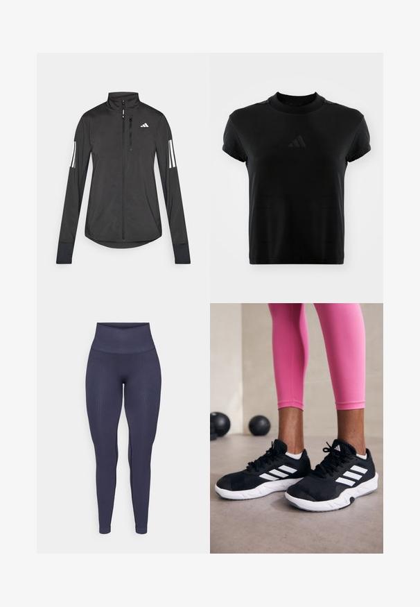 Svart treningsjakke laget av lett materiale. Har glidelås foran, høy krage og tre hvite striper på hver erme.; Svart kortermet t-skjorte laget av glatt stoff. Har rund hals og et preget Adidas-logo på fronten.; Marineblå ribbede leggings med høyt liv, figurnær design og en glatt tekstur, med subtile detaljer i sidesømmer.; Svarte treningssko med hvite striper, teksturert mesh-overdel og hvit såle. Brukt med rosa leggings, som viser frem treningsklær.