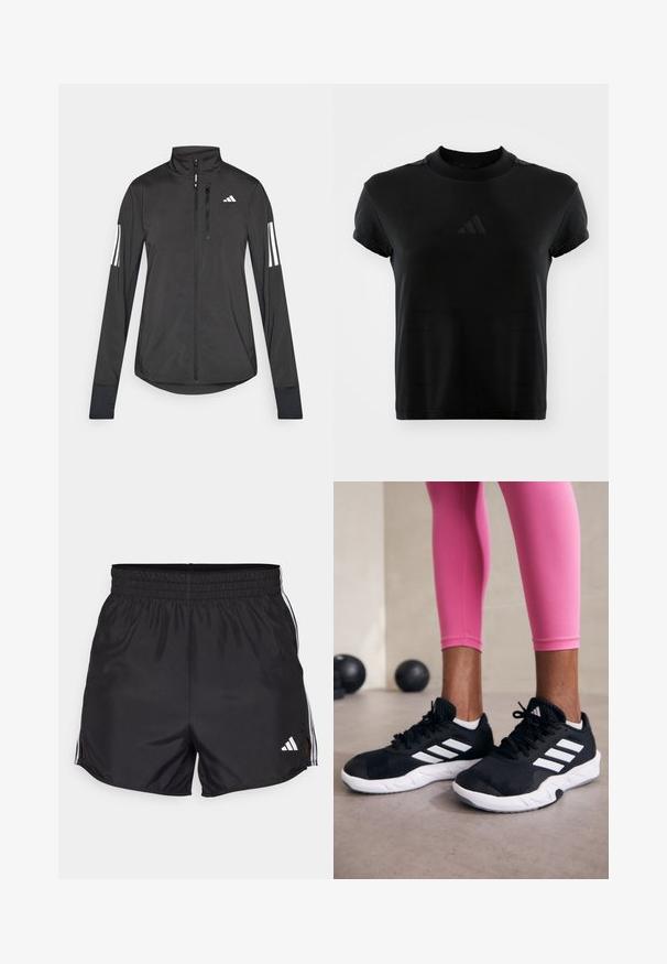 Fekete sportos dzseki könnyű anyagból. Elöl cipzárral, magas gallérral és minden ujjon három fehér csíkkal rendelkezik.; Fekete, rövid ujjú póló sima anyagból. Kerek nyakú, az elején dombornyomott Adidas logóval.; Fekete sportnadrág elasztikus derékpánttal, oldalsó résekkel és fehér háromcsíkos díszítéssel. Az alján jobbra található egy kis fehér logó.; Fekete sportcipők fehér csíkokkal, texturált hálós felsőrésszel és fehér talppal. Rózsaszín leggings-szel viselve, bemutatva az edzőruhákat.