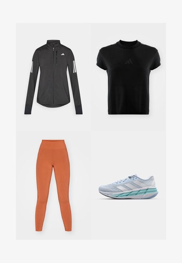 Čierna športová bunda vyrobená z ľahkého materiálu. Má zips vpredu, vysoký golier a tri biele pruhy na každom rukáve.; Čierne tričko s krátkym rukávom vyrobené z hladkej tkaniny. Obsahuje okrúhly výstrih a embosované logo Adidas na prednej strane.; Oranžové legíny s vysokým pásom vyrobené z mäkkého a elastického materiálu. Hladký povrch s priliehavým strihom, bezšvová konštrukcia a dĺžka po členky.; Svetlomodré športové topánky s textúrovaným pleteným horným dielom, bielymi akcentami a priehľadnou zelenou strednou podrážkou. Okrúhla špička a polstrovaný golier.
