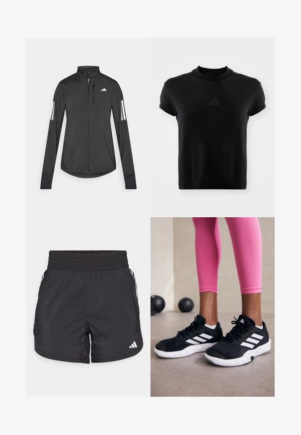Jaqueta atlética preta feita de material leve. Apresenta um fecho frontal, colarinho alto e três riscas brancas em cada manga.; T-shirt preta de manga curta feita de tecido liso. Apresenta um decote redondo e um logótipo da Adidas em relevo na parte da frente.; Calções de desporto pretos com um cós elástico, bolsos laterais e detalhes em lista branca nas laterais. Feitos de material leve.; Sapatos de treino pretos com riscas brancas, parte superior em malha texturizada e sola branca. Usados com leggings cor-de-rosa, destacando roupa de treino.